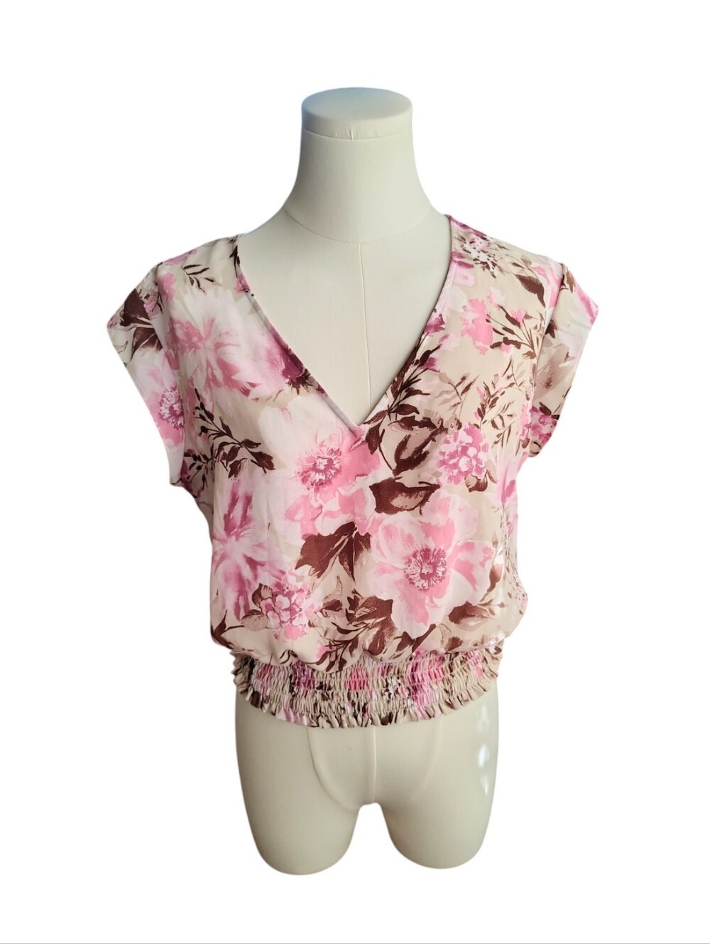 Express Purple Cream and Pink Sheer Floral Smocked Flutter Sleeve Blouse Size XS